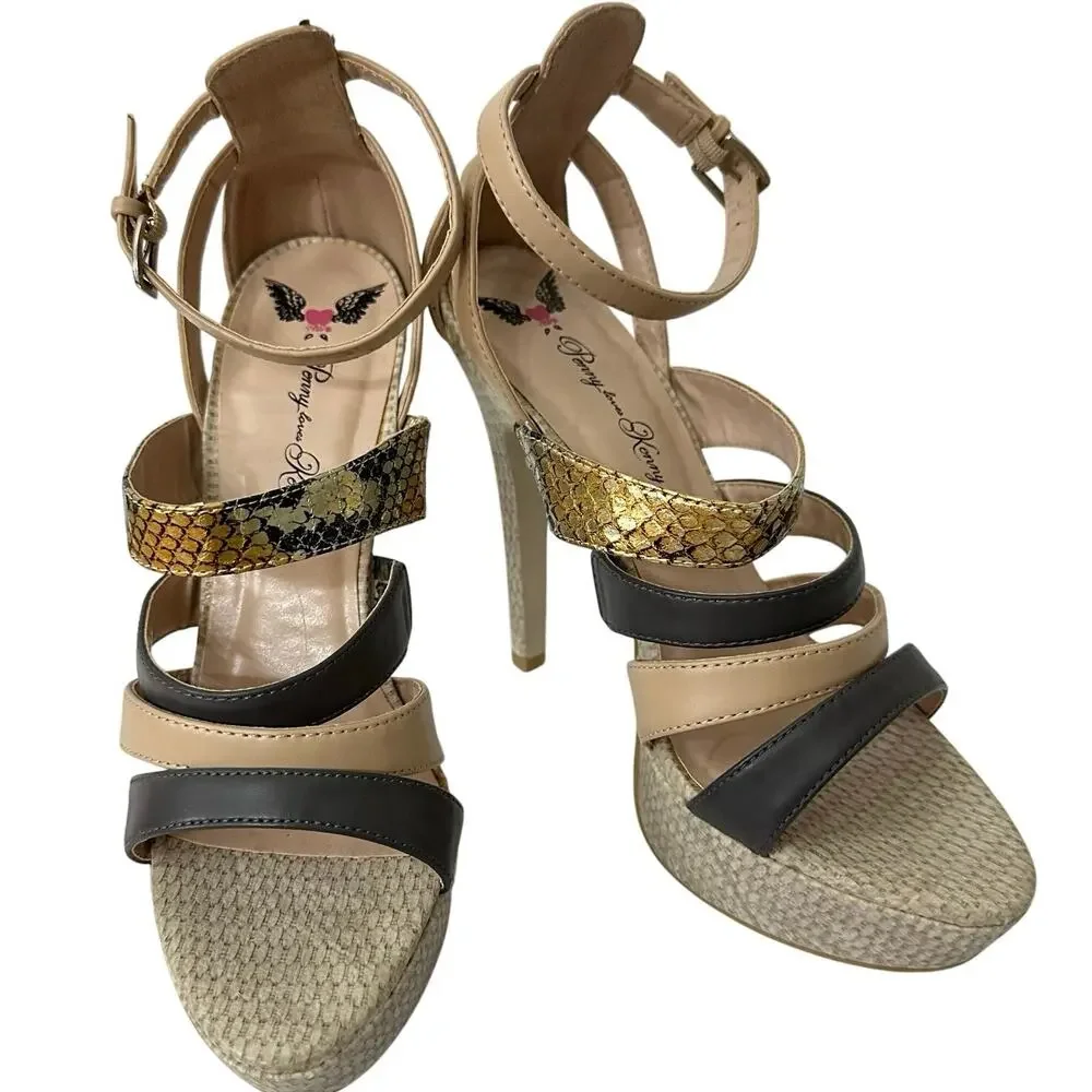 Penny Loves Kenny Womens 8.5M Stiletto heels‎ Sandals Black Tan Ankle Strappy - Picture 3 of 13
